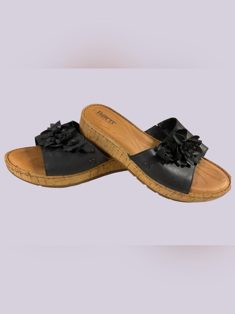 Born “Dottie” Flower Black Leather Cork-Style Slide Mules Size 9M